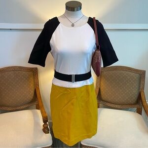 BCBGMAXAZRIA Yellow and Black Midi Dress w 3/4 Sleeves & Belted Waist,